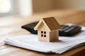 Small wooden house and a calculator on a stack of papers.